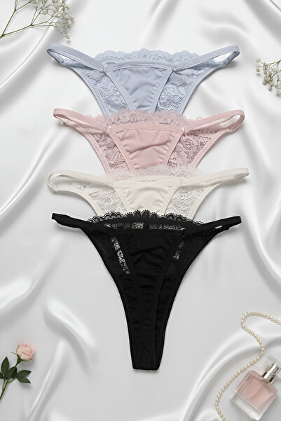 Maly Love Kadın 4lü Paket Ayarlanabilir Dantel String - Siyah/Beyaz/Mavi/Pembe