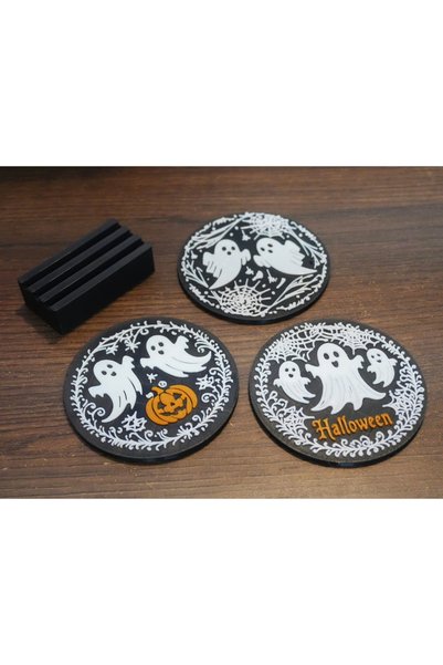 DU&ER Halloween Themed Set of 3 Coasters + Stand – Festive Decor Accessory