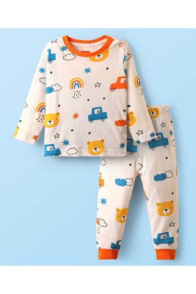 Babyhug Cotton Knit Full Sleeves Pyjama Set with Vehicle Print - White