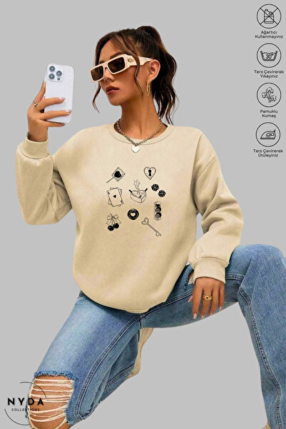 Nyda Collections Women's Sticker Love Printed Crew Neck Hoodless Oversized 10...