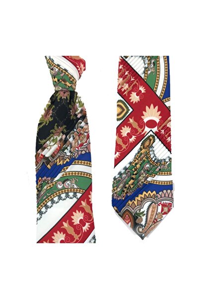 Sade Kravat Yeşil Kırmızı Mavi Beyaz Özel Desenli Pliseli Kravat 33231 Yeşil