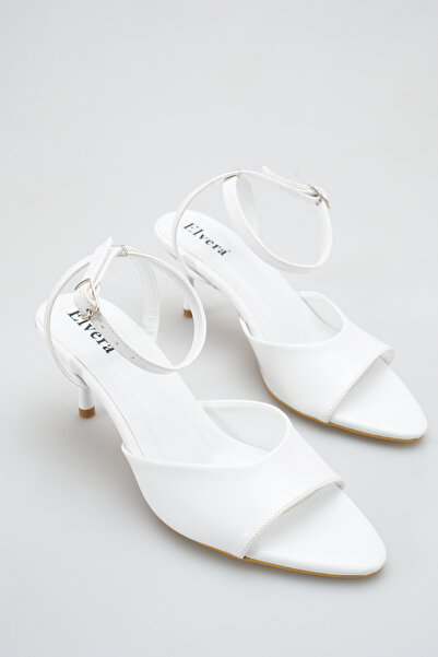 MALENTA Women's Heeled Sandals White Patent Leather Pointed Toe Ankle Strap -...