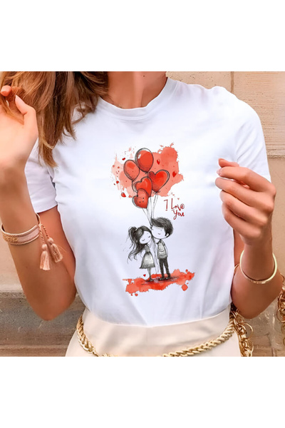 Kartier Women's White T-Shirt Couple&Heart Balloons