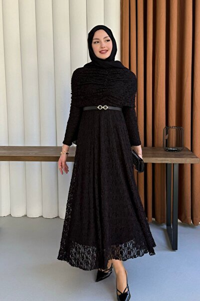 Modaensarbutik Elisa Dantel Detay Tasarım Tesettür Elbise-SİYAH