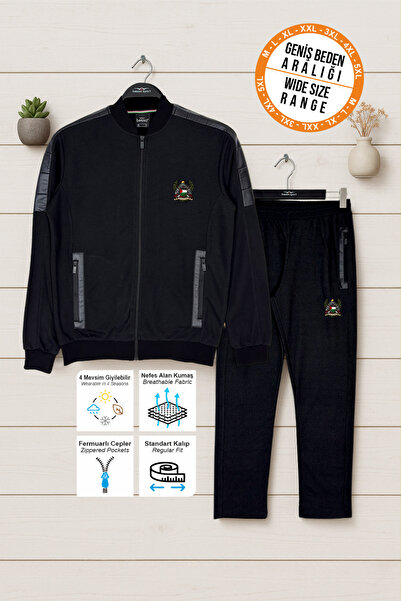 BESSA Black Tracksuit Set with Palestine Emblem Printed Zipper Pockets and Pa...