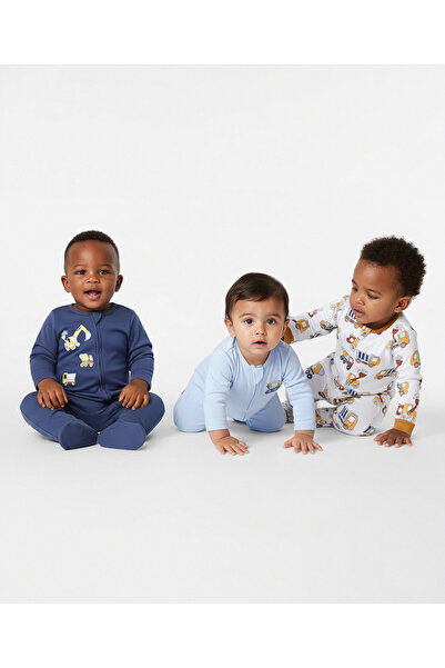 Bonfino 100% Cotton Construction Vehicle Printed Sleep Suits (Pack of 3) - Mu...