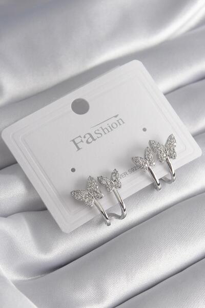özssa Brass Silver Color Zircon Stone Butterfly Model Women's Earrings