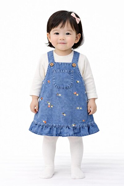 TUOBEBE Baby Girl Denim Salopet Dress with Flower Detail, Blouse Set