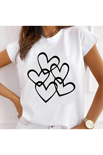 Kartier Women's White T-Shirt Multiple Hearts