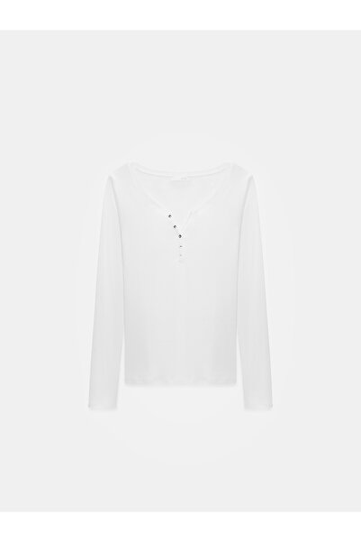 Dilvin 32699 100% Cotton Button Detailed Top-White
