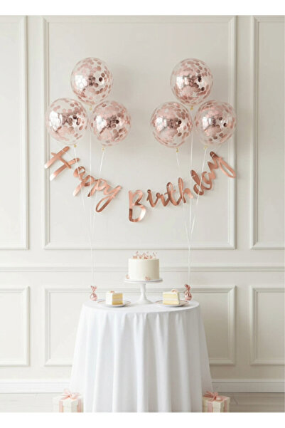 Parti Zamanı Rose Gold Konfetili Şeffaf Balon Rose Gold Happy Bırthday Kaligr...