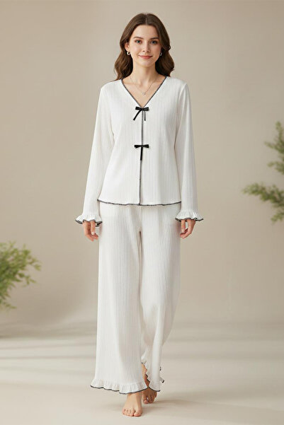 FİT WOMEN BÜRÜMCÜK FIRFIR DETAYLI V YAKA FİYONKLU UZUN KOLLU PİJAMA TAKIMI 4455