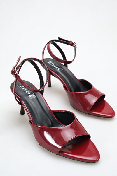 MALENTA Women's Heeled Sandals Burgundy Patent Leather Pointed Toe Ankle Stra...