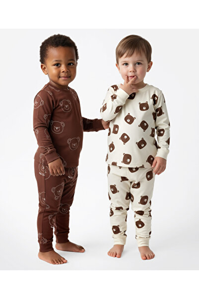 Bonfino 100% Cotton Teddy Bear Printed Pajama Sets (Pack of 2) - Cream and Brown