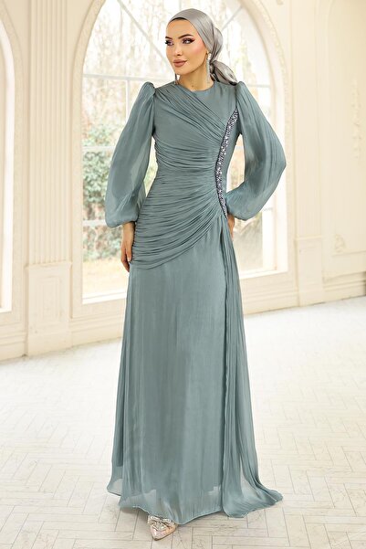 Olcay Перлинні та плісировані деталі Yoryo Шовкове вечірнє плаття SU YEŞİLİ 1249