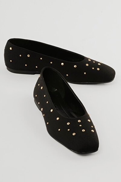 Mubiano Women's Suede Ballerinas Square Toe Staple Detailed Casual Talia Black