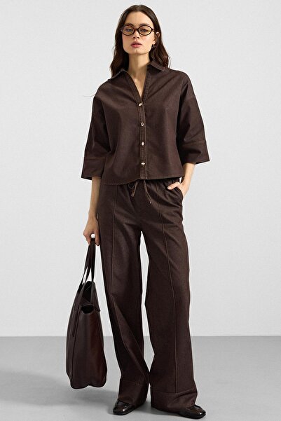 Olcay Truvakar Sleeve Jacket Pants Denim Double Set Brown 9415-Tk
