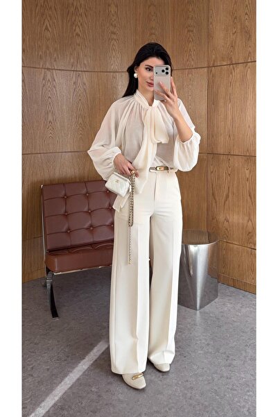 HAZELANNA Ecru Palazzo Trousers