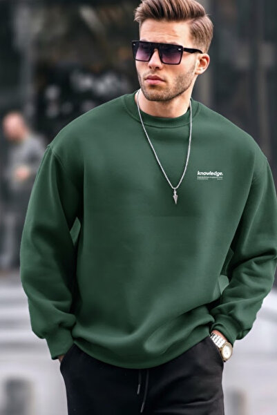COMBİNE MİCHAİL Men's Text Printed Casual Dark Green Sweatshirt