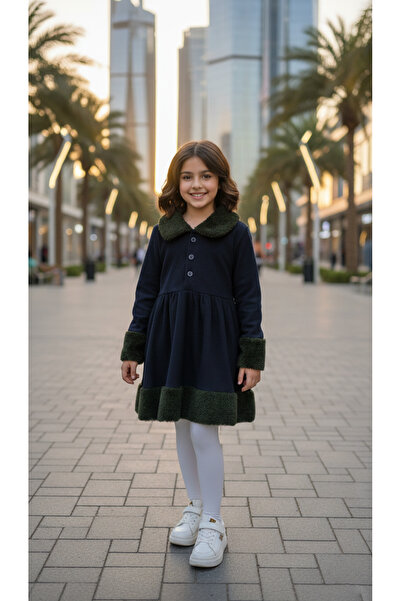 h.kids "Night Elegance" Winter Dress - Royal Navy with Olive Fur Embroidery