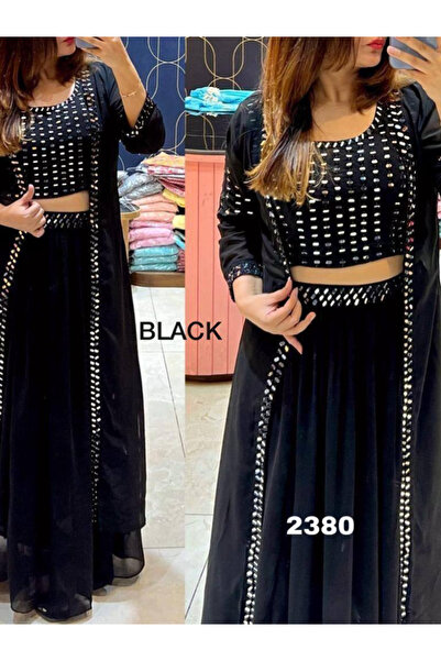 MYSMAR Black Georgette Blouse Skirt Shrug - FFT6641 | Black