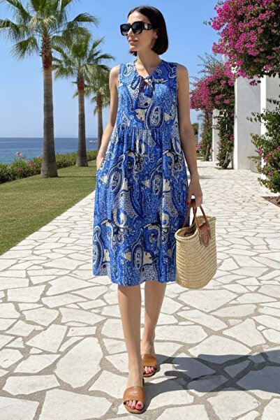 AYASOFYA OTANTIK Women's Blue V-Neck Patterned Side Pockets Loose Comfortable...