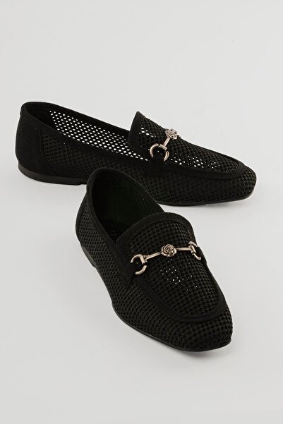 Mubiano حذاء باليه نسائي من التريكو الشبكي بإبزيم يومي باللون الأسود