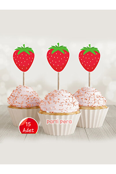 parti pera Çilek Şekilli Cupcake Kürdan Süsü 15 Adet