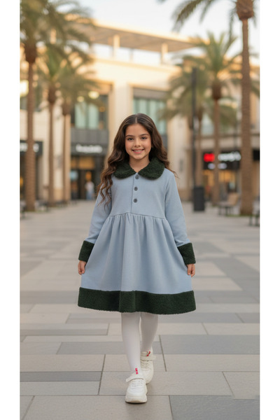 h.kids Aurora Winter Dress - Sky Blue with Olive Fur Details