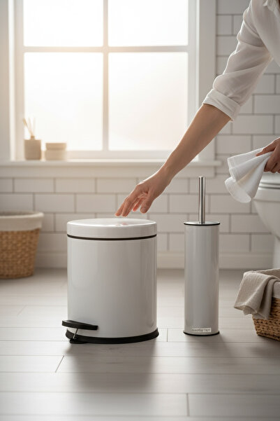 İSAOĞLU YAPI White Bathroom Trash Can Set Toilet Bowl Brush and Trash Can Sta...