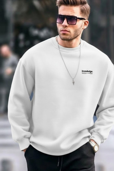 COMBİNE MİCHAİL Hanorac casual ecru cu imprimeu text pentru bărbați