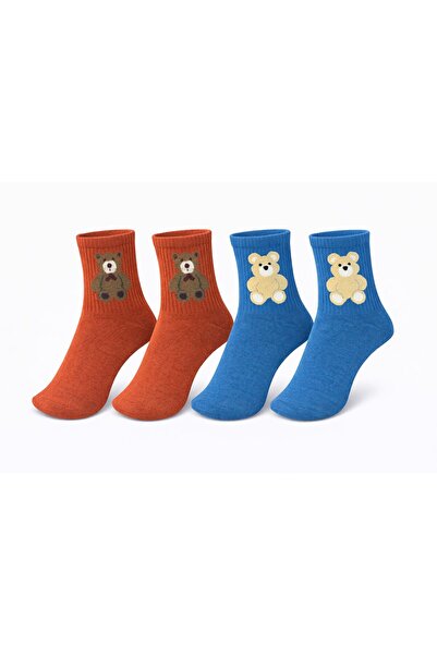 İpeksi 2 Pairs of Teddy Bear Patterned Organic Combed Cotton Socks