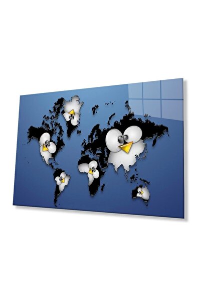 idealizbiz Harta lumii cu ilustrații cu păsări, tablou din sticlă temperată d...