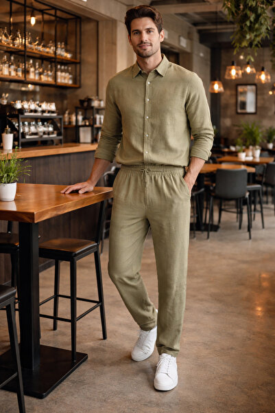 Tarz Cool Ανδρικό Χακί Λινό Σετ Oversize, Πουκάμισο και Παντελόνι σε Χαλαρή Γ...