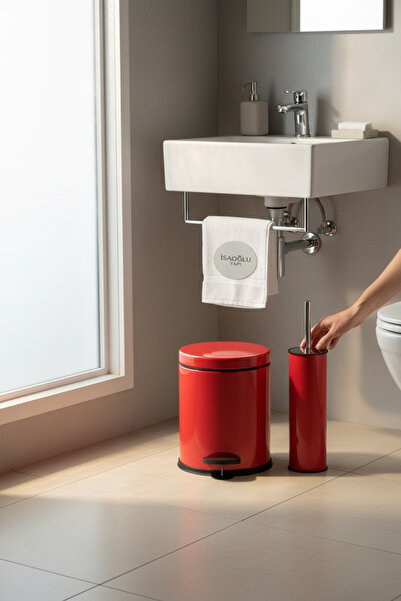 İSAOĞLU YAPI Red Bathroom Trash Can Set Toilet Brush and Pedal Bucket Stainle...