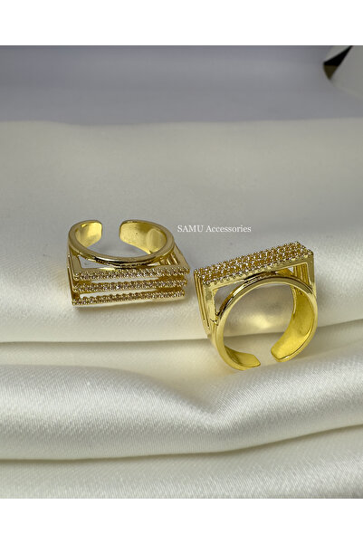 Samu Accessories خاتم فولاذي قابل للتعديل بثلاثة صفوف من الأحجار - ذهبي اللون...