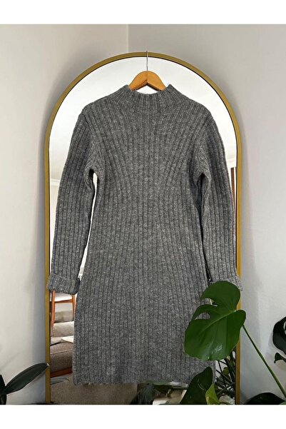 FİOXCO Women's Turtleneck Midi Length 100% Wool Fabric Knitwear Dress