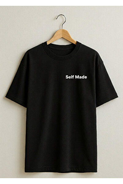 Self Made Motto Baskılı Siyah Oversize Unisex %100 Pamuklu Bisiklet Yaka Tişört