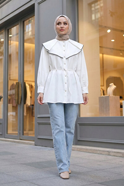 MODAQU Stylish Cotton Satin Shirt with White Piping and Belt