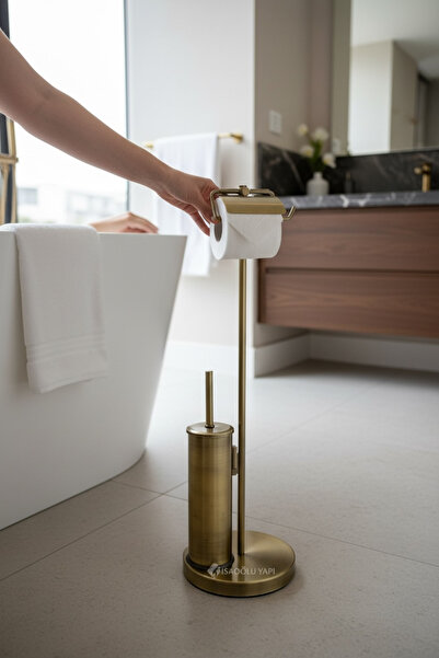 İSAOĞLU YAPI Antique Gold Brass Toilet Paper Holder and Toilet Brush Set with...