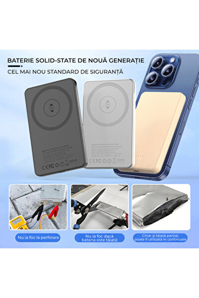 Voltres Baterie externa 5000mAh Qi2 15W, MagSafe, Incarcare Qi2 15W Wireless & 20W Cablu, Aluminiu