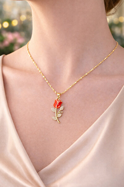 NEORA 14K Altın Kaplama | Kırmızı Lale Tasarımlı | Kadın Çelik Kolye