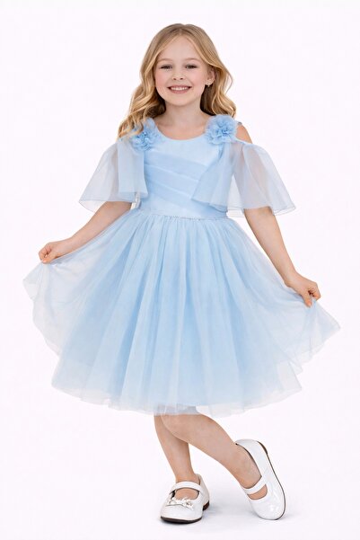 Nacar 23 Nisan 29 Ekim Gösteri Kıyafeti Kız Çocuk Açık Mavi Tül Abiye Elbise