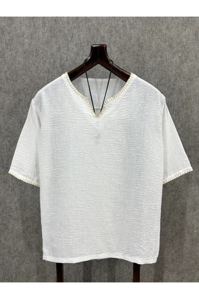 FıttingRoom Oversize Bohem Kroşatalı Beyaz Pamuk Keten Tshirt