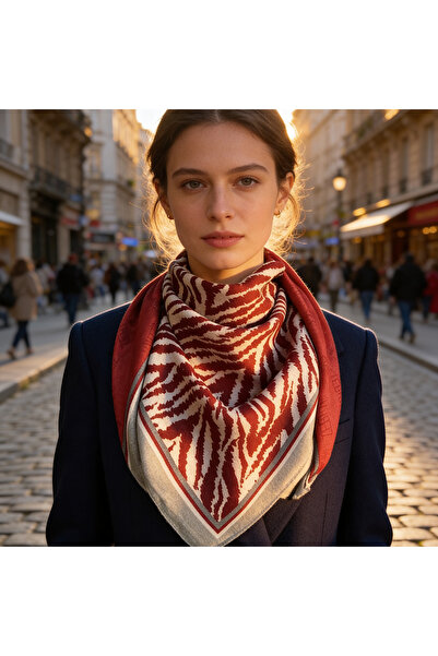 line33studio Beyaz Zemin Üzerine Kırmızı Zebra Desenli İpekli Mevsimsel Şal 9...