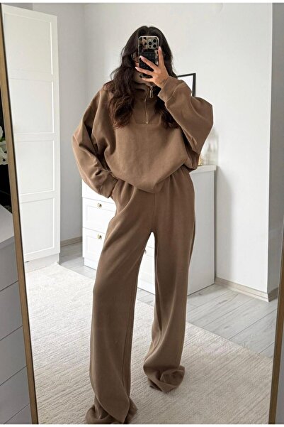 ZEYLİVA Women's Brown Zippered Oversize Sweatshirt Pants Set