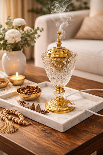 ARUZEN Elektrikli Cam Buhurdanlık Gold Detaylı | Kablolu | Dekoratif Tütsü & ...