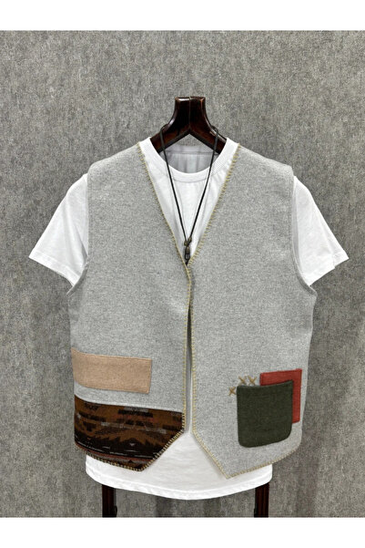 FıttingRoom Regular Cotton Woven Gray Bohemian Vest