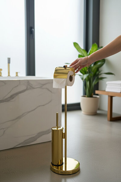 İSAOĞLU YAPI Gold Toilet Paper Holder Gold Toilet Brush Brass Material Stainl...