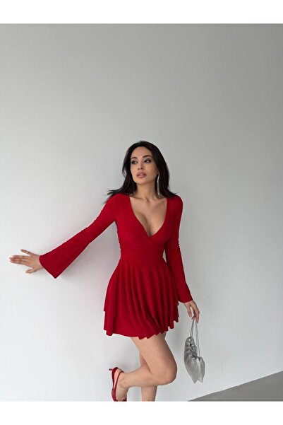 QBZ Stylish Red Women's Dress V-Neck Mini Evening Party Dress
